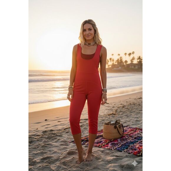 Free People Movement red burgundy cropped workout jumpsuit xlarge - Picture 1 of 11